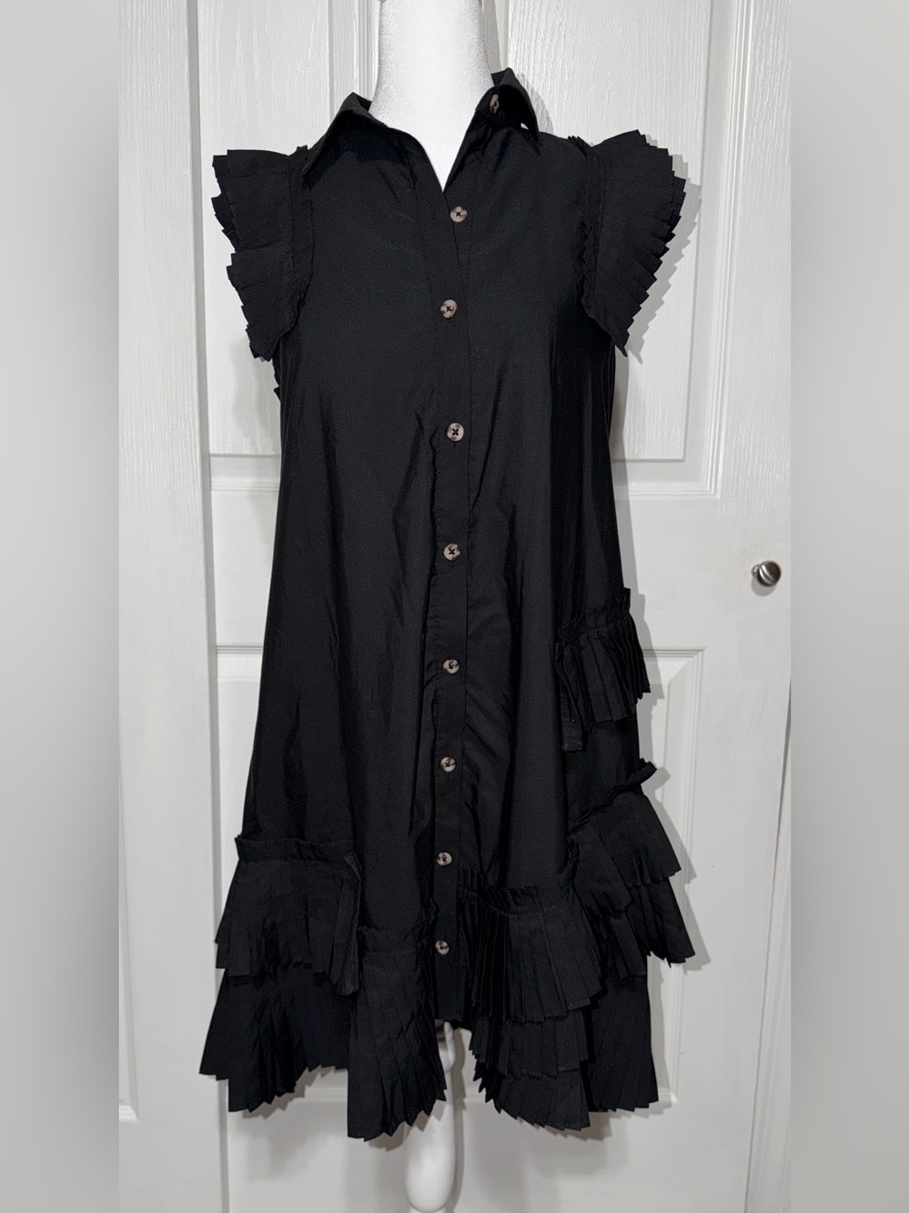 By Anthropologie Black Pleated Ruffle Shirt Dress Mini-XXS